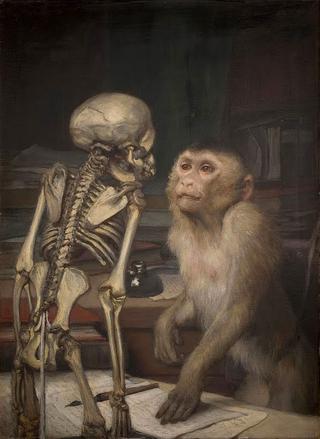 Monkey in front of a Skeleton