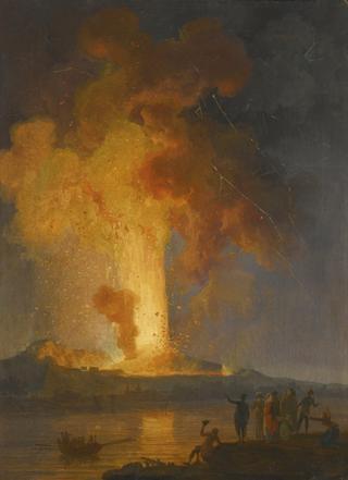 Vesuvius erupting at night with spectators in the foreground