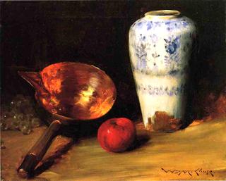 Still Life with China Vase, Copper Pot, an Apple and a Bunch of Grapes