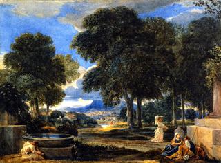 Landscape with a Man Washing His Feet at a Fountain after Poissin