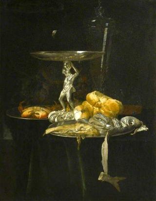Still Life of a Silver Tazza with a Wine Glass, Crab, Herring, Bread and Onion
