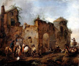 Courtyard Scene with a Farrier Shoeing a Horse