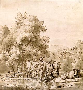 A Herdsman and a Woman with Cows and Sheep by a River