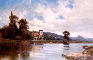白金汉郡泰晤士河上的梅德门纳姆修道院和渡轮