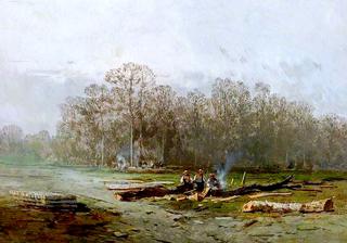 Misty Landscape with Woodcutters around a Fire