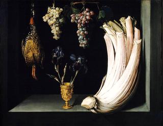 卡多恩、弗朗索林、葡萄和鸢尾的静物画