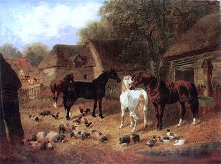 Horses, Pigs and Ducks outside a Stable