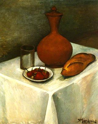 陶罐、面包和草莓的静物