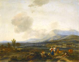 An Extensive Italianate River landscape with Herders dancing and Making Merry