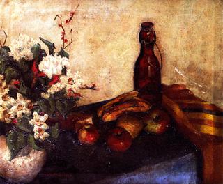 Still LIfe of Flowers in a Bowl, Fruit and a Glass Bottle
