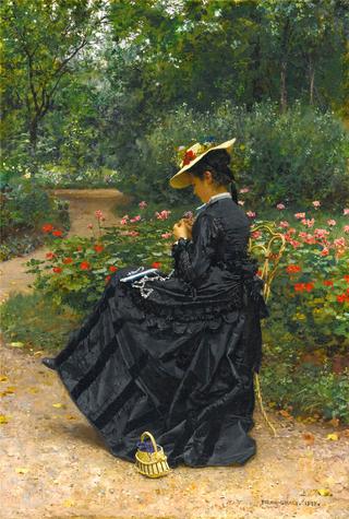 Woman Sewing in Garden