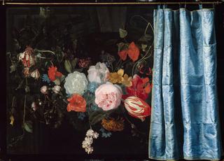 Trompe l'Oeil Still Life with a Fower Garland and a Curtain