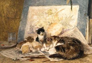 a cat and her kittens in the artist's studio