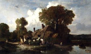 A Man in a Boat by a Cottage in a Wooded River Landscape