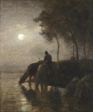 Chevaux et moutons s’abreuvant au clair de lune (Horses and Sheep Watering in the Moonlight)