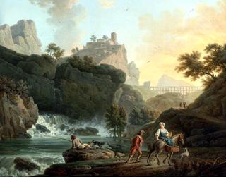 A Rocky Landscape with a Fisherman and Travellers by a River with a Waterfall
