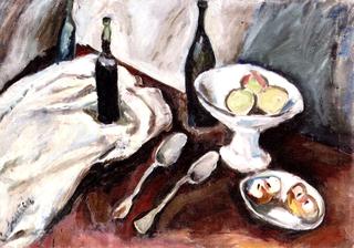 Still LIfe with a Fruit Bowl and Three Bottles