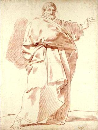 A Bearded Man in a Thick Cloak Gesturing to the Right