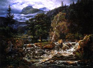 Norwegian Mountain Landscape with Waterfall