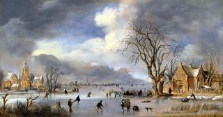 A winter landscape with skaters and kolf players on a frozen river