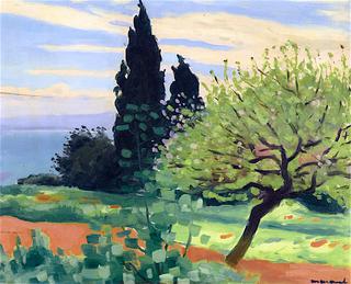 Cypresses and Flowering Trees
