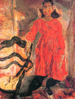Woman in Red beside a Chair