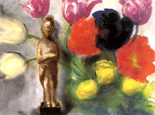 Chinese Statuette and Tulips