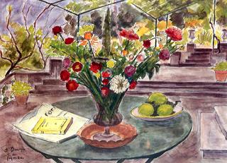 The Terrace in Saint-Tropez, Still LIfe with Vase of Flowers on a Pedestal Table