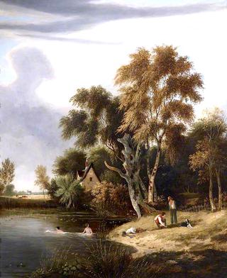 A Cottage by a Pond, with Figures Swimming and on the Bank