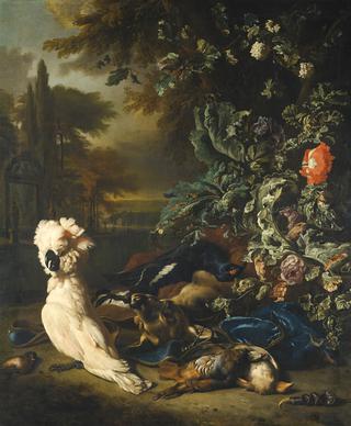 Still Life of Gamebirds, a Stag and Flowers