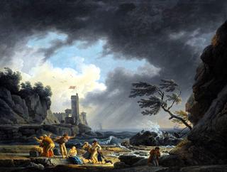 A Stormy Coastal Scene with Figure on a Beach Having Escaped a Shipwreck