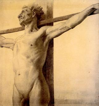 半身裸体，双臂放在十字架上