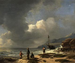 Ship in the Surf before a Rocky Coast