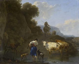 A Shepherdess Carrying a Kid across a Ford