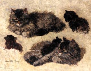 study of a cat and her kittens