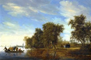 A River Landscape with a Ferry Boat