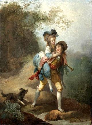A Young Gentleman Carrying a Lady across a Stream