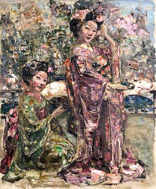 日本花园里的两个艺妓