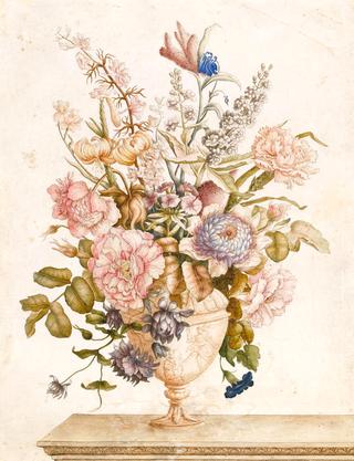 Still-life: flowers in a vase which stands on a marble ledge