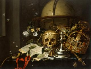瓦尼塔的静物画有鲜花、手表、燃尽的蜡烛、宝石王冠、肥皂泡和头骨