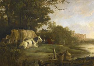 Cows in a Pasture Beside a River before the Ruins of the Abbey of Rijnsburg