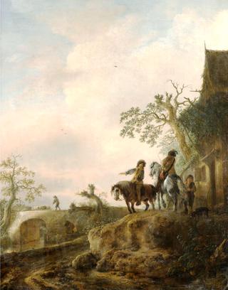 Horsemen Halting at an Inn, a Shepherd Driving his Flock across a Bridge beyond