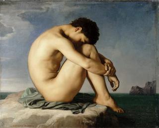 Naked Young Man Sitting on the Edge of the Sea