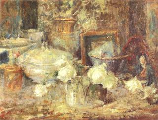 Still life with White Roses and Japanese Doll