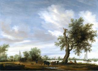 A River Landscape with Travellers and Herders on a Path, a Church beyond