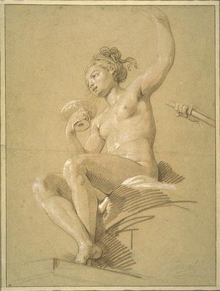 Naked Young Woman Holding a Cup, Sat on Drapery