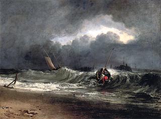 在狂风中，背风岸边的渔民