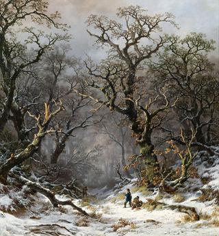 Hunters in the forest in winter