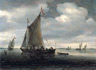 An estuary scene with a kaag  running before  light breeze, and others similar beyond