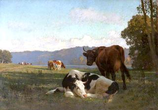 奥弗涅河岸上的牛